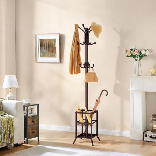 FAVOOSTY Coat Rack Freestanding,Coat Rack Stand with Umbrella Holder,Metal Coat Tree with 12 Hooks,Tree Clothes Hat for Entryway, Hallway, Bedroom, Living Room & Office -Brown - color: Brown