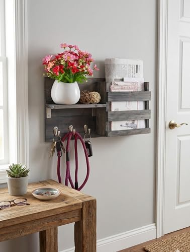 Wall-Mounted Key Holder Hooks - Rustic Wood Weathered Grey & Black - Entryway Organizer for Mail, Leashes, and Purses - Floating Shelf, 16.5” W x 9.75" H x 4.5” D - color: Weathered Grey & Black Organizer & Wood Shelf