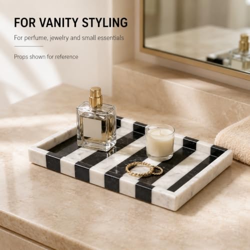 Black White Marble Vanity Tray, Rectangular Organizer | Rectangular tray, black white marble pattern varies, for perfume jewelry, props not included - color: Black White Rectangular