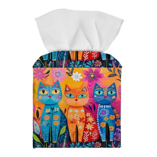 Tissue Box Cover Square, PU Leather Tissue Box Holder for Bathroom, Living Room & Office Desk, Colorful Cats in Floral Folk Art, Decorative Modern Tissue Box Cover - color: Colorful Cats in Floral Folk Art