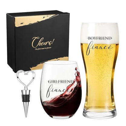 AW BRIDAL Fiance Wine Glasses and Beer Mug Set with Wine Stopper for Couple | Engagement Gifts for Women, Newly Wed Gift for the Couple 2026, Engaged Wine Glasses for Bride to Be, Fiance Fiancee Gift - style: Fiancé Glasses