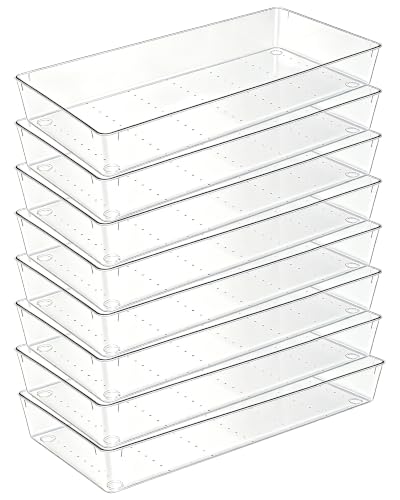 Manalete 8 Pcs Large Clear Plastic Drawer Organizer,12"x6" Vanity Organizer | Durable Clear PET Storage Bins Tray for Desk, Kitchen & Bathroom, Office, Tools, Easy Clean, Stackable, BPA-Free - size: 8 Pack 12"×6"