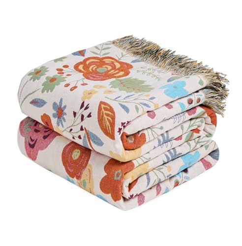 Boho Throw Blanket - 100% Cotton Soft Breathable Throw Summer Blankets, 50"x60" 4-Layer Lightweight Muslin Cotton Quilt, Floral Printed Bohemian Decor Throw Blankets for All Season - color: 23-verdant, size: (50"x60")Throw