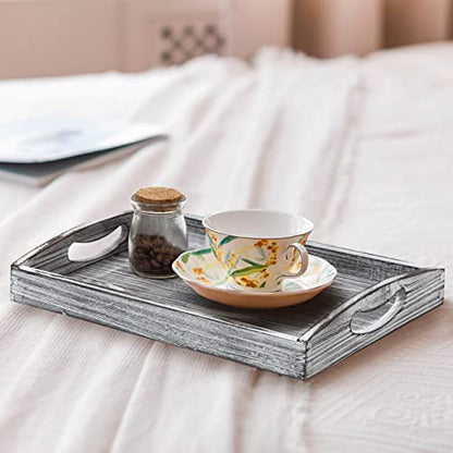 Farmhouse Rustic Wood Nesting Dinning Breakfast Serving Trays with Wood Handles, Set of 3,Can Put Food, Fruit, Plates｜Ottoman Decorative Coffee Table Tray(WhiteGrayish) - color: Whitegrayish