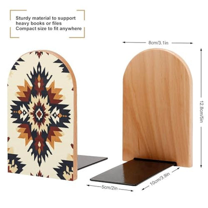 Native Geometric Pattern Southwestern Wooden Bookends Shelves 2 PCS Sturdy Book Holders Desktop Organizer for Home Office Libraries