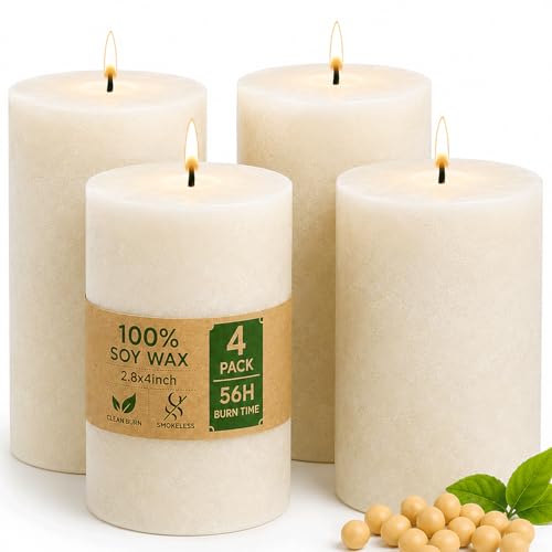 Soy Wax White Pillar Candles,Non-Toxic, 2.8x4 Inch, 4 Pack, 55 H Long Burn | Rusti decorative candle, natural,unscented,smokeless, dripless farmhouse candle for home, wedding, dinner table, emergency - color: White, size: 2.8x4 inch
