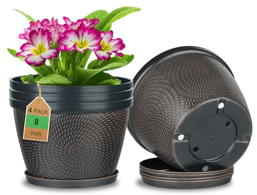 Quarut 4 Pack 8 Inch Flower Pots for Outdoor Indoor, Plastic Plant Pots | Lightweight Small Flower Pot with Drainage Hole & Saucer, Circle Pattern Planters for Garden House Plants(Brown) - color: Circular Pattern-brown, size: 8 inch-4 Pack