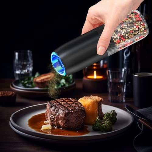 Gravity Electric Salt and Pepper Grinder,BoAn Battery Salt and Pepper Grinder Set,One-Hand Ceramic Larger Chamber Automatic Spice Mill,Adjustable Coarseness with LED Light for Kitchen New Home Gifts