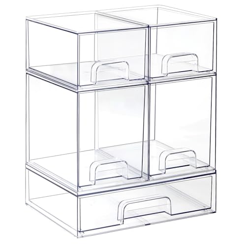 Hvygss Clear Stackable Storage Drawers, Countertop Bottle Organizer 5-Pack | Pull-Out Drawers, Waterproof, Dustproof, Bpa-Free, Space-Saving, For Vanity, Bathroom, Kitchen, Cabinet, Pantry