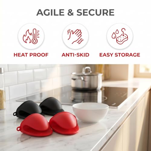 Silicone Cooking Pinch Grips Oven Mitts - Mini Finger Protector Pot Holder for Kitchen,Cooking,Baking,BBQ - Heat Resistant Gloves, 2 Pairs (Black and Red) - color: Black and Red