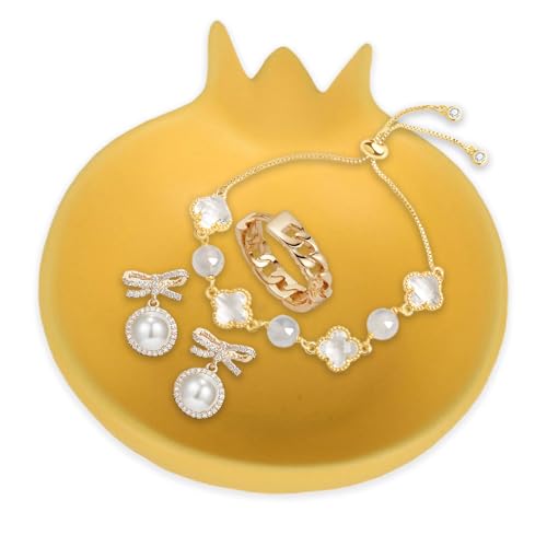 Elegant Pomegranate Jewelry Tray – White Ceramic Vanity Dish for Rings, Necklaces & Makeup | Vintage-Inspired Catchall for Dresser, Bathroom, or Entryway Décor (Yellow)