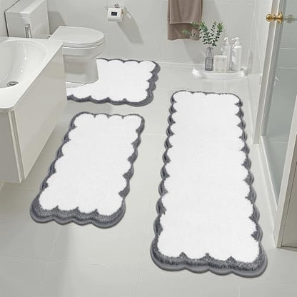 Pauwer Bathroom Rug Sets 3 Piece, Scalloped Bath Rugs, White and Dark Grey | Non Slip Washable Bath Mat With U-Shaped Toilet Rug, Extra Absorbent Quick Dry, For Floor Sink - color: White and Dark Grey