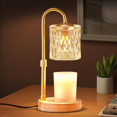 Dimmable Candle Warmer Lamp with Timer, Height Adjustable Electric Candle Wax Warmer, Christmas Birthday Gifts for Women Mom, House Warming Gifts New Home Room Decor, Solid Wood Base - color: Gold
