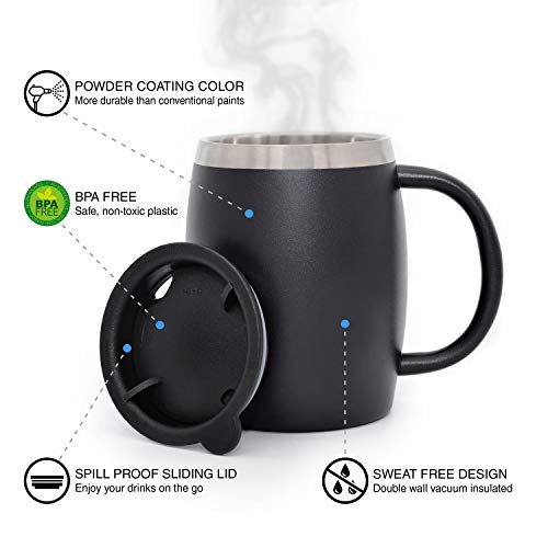 CHILLOUT LIFE Stainless Steel Insulated Coffee Mugs Set of 2 (14 oz) - Double Wall Coffee Cups With Spill Resistant Lid & Strong Handle, Shatterproof Cups for Cold Drinks, Hot Beverages - color: Black