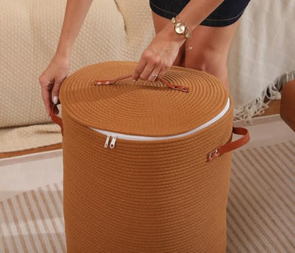 16"x20" Extra Large Cotton Rope Basket with Zipper Lid, Woven Laundry Hamper and Blanket Storage Basket, Round Clothes Bin for Living Room Bedroom, Rust Brown - color: All Orange Brown