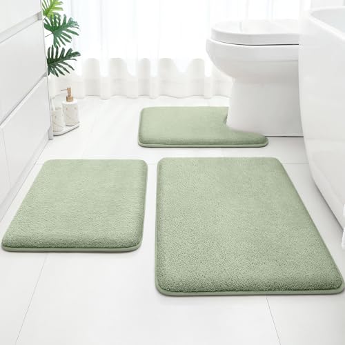 HOMEIDEAS Upgraded Bathroom Rugs Set 3 Piece, Ultra Soft Memory Foam Bath Mats, Super Absorbent Non Slip Washable U-Shaped Toilet Bath Rug (Sage Green, 17"x24"+20"x32"+U-Shaped 20"x24") - color: Sage Green