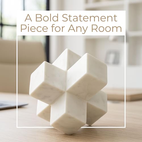Geometric Cube Decorative Object – Marble Sculpture Modern Home Decor Ornament – Shelf Styling & Coffee Table Decor for Bathroom, Office & Living Room – 6.5", White