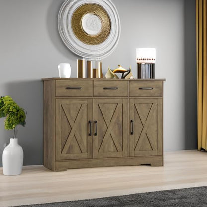 HOSTACK Kitchen Buffet Cabinet with Storage, Sideboard Coffee Bar, Brown | Farmhouse Kitchen Storage Cabinet with 3 Drawers & Adjustable Shelf, 42.5"W Buffet Table for Dining Living Room - color: Rustic Brown