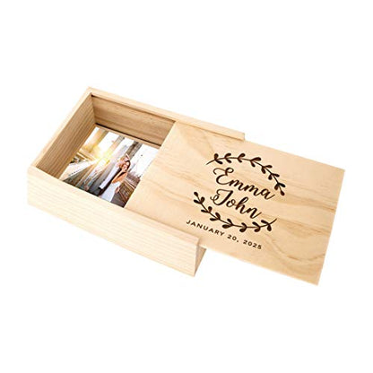 Koyal Wholesale Custom Engraved Minimal Wreath Wedding Keepsake Box, 4 x 6 -inch, Custom Names and Date, Natural Woo - color: Minimal Wreath
