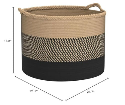 COMSE XXXLarge Woven Blanket & Laundry Basket, 87L, Brown & Black | 21.7" x 13.8", Cotton Rope, Nursery Hamper for Storage of Toys Clothes Towels, Ideal for Living Room Bedroom Bathroom - color: Brown & Black