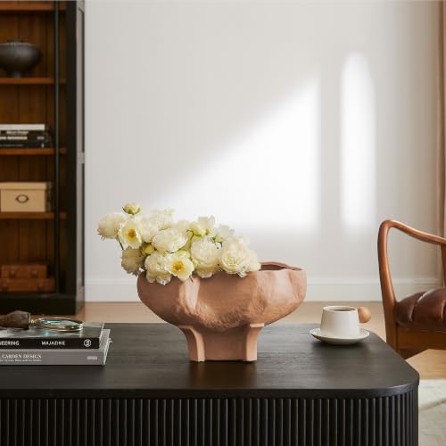 HERNEST Terracotta Wavy Bowl - Textured Ceramic Decorative Centerpiece Bowl with Pedestal Base