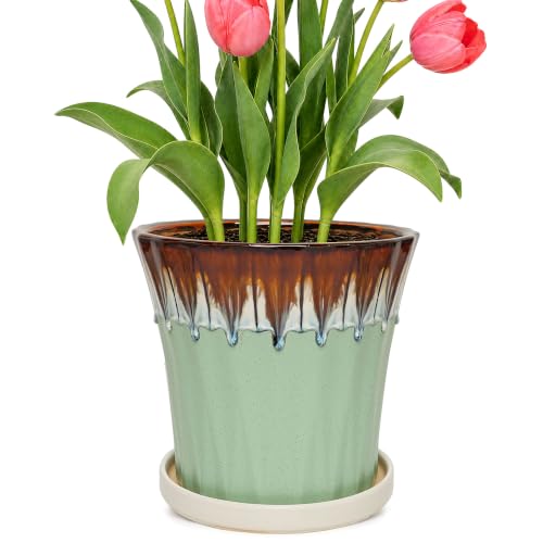 8.3 Inch Ceramic Planters with Drainage Hole and Saucer,Indoor Outdoor Large Flower Pots, Garden Pot for Plant Lovers (Drip Green) - color: Drip Green, size: 8.3 Inch