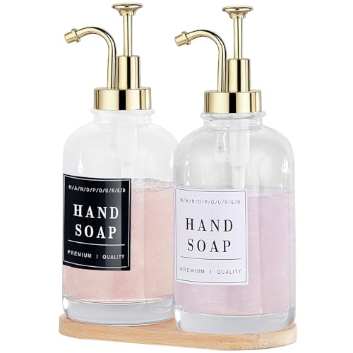 Dish and Hand Soap Dispenser, Set of 2 * 16.9oz | Glass Soap Dispenser with Pump,Tray,Funnel,500ML Countertop Soap and Lotion Dispenser for Kitchen, Bathroom Set - color: Ks-5010-34y-2g