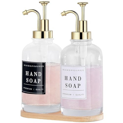 Dish and Hand Soap Dispenser, Set of 2 * 16.9oz | Glass Soap Dispenser with Pump,Tray,Funnel,500ML Countertop Soap and Lotion Dispenser for Kitchen, Bathroom Set - color: Ks-5010-34y-2g