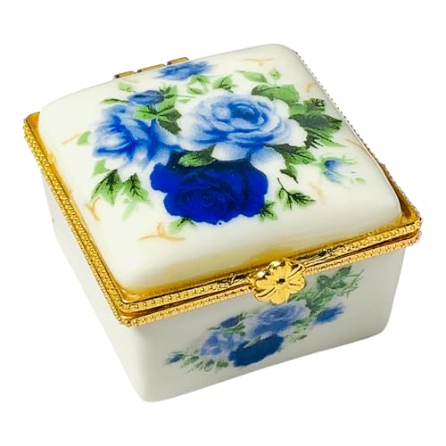 Tiny Square Porcelain Trinket Box | Blue Rose Bouquet | French Style Gift Box with Velvet Bag - style: Blue Rose Bouquet Square