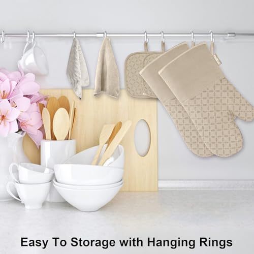 KEGOUU Oven Mitts and Pot Holders 6pcs Set, Kitchen Oven Glove High Heat Resistant 500 Degree Extra Long Oven Mitts and Potholder with Non-Slip Silicone Surface for Cooking (Almond) - color: Almond
