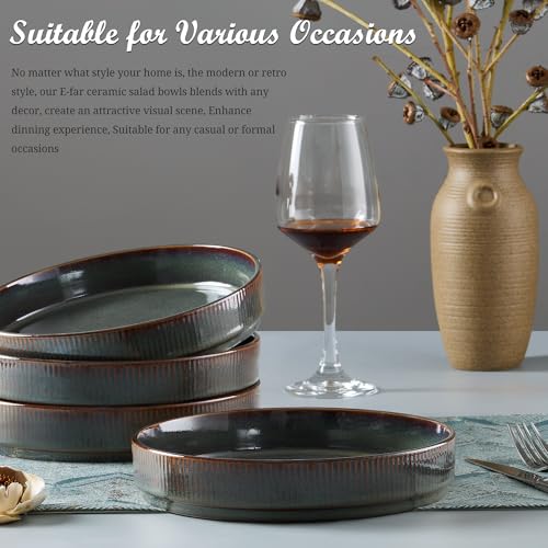 E-far Pasta Bowls Set of 4, 35oz Large Salad Bowl Plate for Dinner Serving, Wide & Shallow Ceramic Stoneware Pasta Plates, Microwave & Dishwasher Safe, Reactive Glaze Textured Stripes, Blackish Green - color: Blackish Green