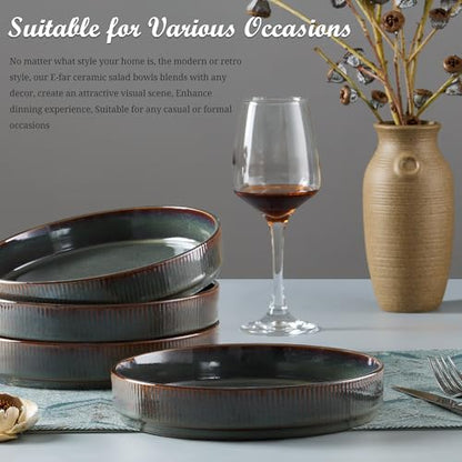 E-far Pasta Bowls Set of 4, 35oz Large Salad Bowl Plate for Dinner Serving, Wide & Shallow Ceramic Stoneware Pasta Plates, Microwave & Dishwasher Safe, Reactive Glaze Textured Stripes, Blackish Green - color: Blackish Green