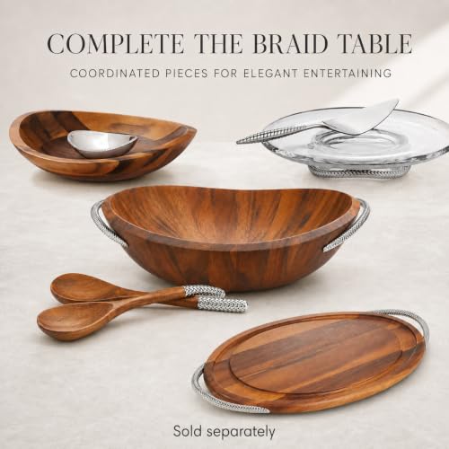 nambe Braid Salad Bowl with Servers | 3-Piece Set | Large Wooden Serving Bowl for Caesar Salad, Large Salads | Big Salad Bowl with Serving Utensils | Made of Chrome & Acacia Wood (20” L x 16” W)