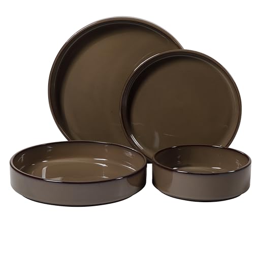 Two Time Oprah's Favorite Things WInner - Santorini Mist 16 Piece Double Bowl Terracotta Dishes Reactive Glaze Plates and Bowls Dinnerware Set - Driftwood Brown - Service for 4 - color: Driftwood Brown