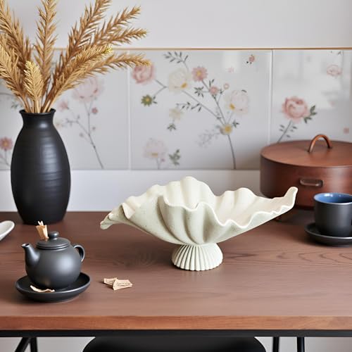 16" Large Decorative Bowl decor, Modern Home Decor,Stylish Key Bowl for Entry Table,Scalloped Decorative Bowls (Light Gray-With base, 16.14inch)