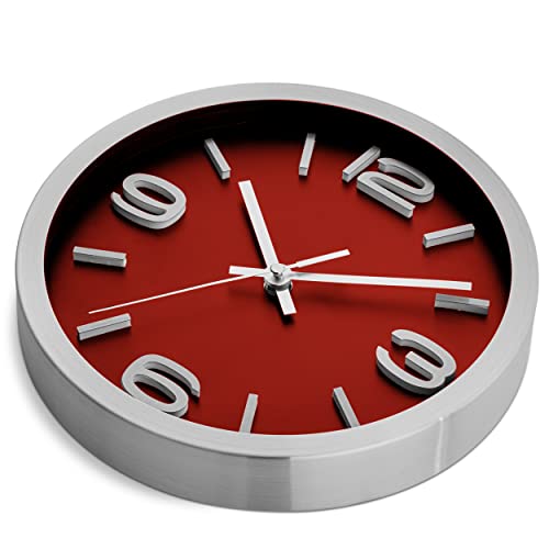 Bernhard Products Metal Wall Clock Modern Silver & Wine 10 Inch Silent Non Ticking, Red Round Elegant Quality Quartz Battery Operated for Home Kitchen Living Room Office, 3D Numbers - color: Silver & Wine