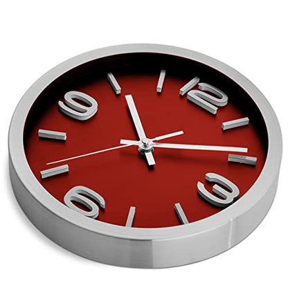 Bernhard Products Metal Wall Clock Modern Silver & Wine 10 Inch Silent Non Ticking, Red Round Elegant Quality Quartz Battery Operated for Home Kitchen Living Room Office, 3D Numbers - color: Silver & Wine