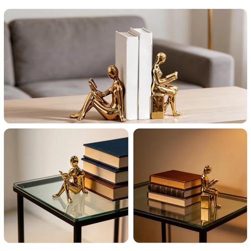 Gold Bookends,Gold Book Ends,Decorative Bookend – Modern Ceramic Bookends for Shelves, Perfect for Modern Home Decor, Office, and Living Room Shelf Display