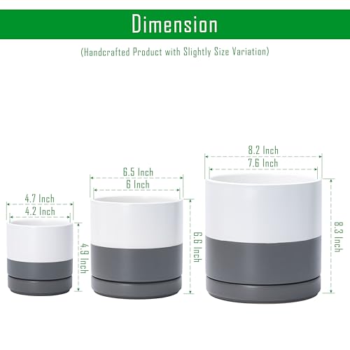 D'vine Dev 3-Pack Ceramic Pots with Saucers, 4/6/8 in, White/Grey, 94-T-M-6 | Glazed Ceramic, Drainage Hole, Perfect-Fit Saucer, Sleek Cylinder Shape, High Temperature Fired, Elegant Home Accent - color: White/Speckled Grey, size: 4"+6"+8"