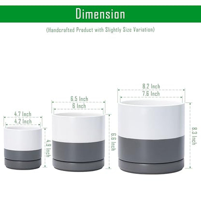 D'vine Dev 3-Pack Ceramic Pots with Saucers, 4/6/8 in, White/Grey, 94-T-M-6 | Glazed Ceramic, Drainage Hole, Perfect-Fit Saucer, Sleek Cylinder Shape, High Temperature Fired, Elegant Home Accent - color: White/Speckled Grey, size: 4"+6"+8"
