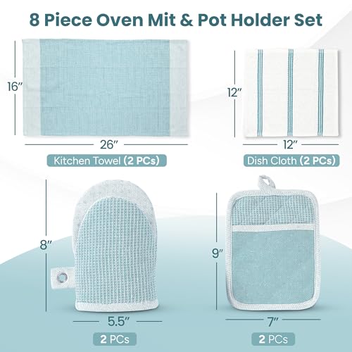 Casa Platino Oven Mitts and Pot Holders Sets, 8-Piece – 500°F Heat Resistant Mini Oven Mitt with Silicone Grip, Potholders for Kitchens, 2 Kitchen Towels & 2 Dish Cloths – Non-Slip & Durable – Aqua - color: 04: Oven Mitts - Aqua, size: Oven Mitt Set - 8 P