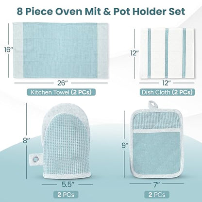 Casa Platino Oven Mitts and Pot Holders Sets, 8-Piece – 500°F Heat Resistant Mini Oven Mitt with Silicone Grip, Potholders for Kitchens, 2 Kitchen Towels & 2 Dish Cloths – Non-Slip & Durable – Aqua - color: 04: Oven Mitts - Aqua, size: Oven Mitt Set - 8 P