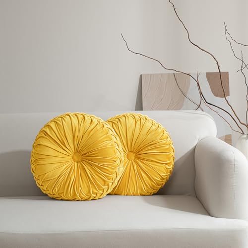HIG Set of 2 Yellow Velvet Decorative Round Pleated Throw Pillows | Vintage Floor Pillows, Classy Accent Pumpkin with Center Button, for Sofa Couch Vanity Chair Bed, 14.5" Diameter - color: R-yellow, size: 2 Count (14.5 Inch Diameter)