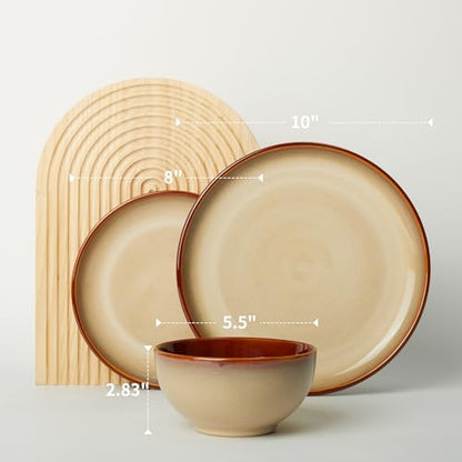 Ceramic Dinnerware Sets for 4, 12pcs Plates and Bowls Sets Dish Set | Stoneware Dishware sets, Microwave & Dishwasher Safe, Cereal Bowls and Dinner Plates Set, Stackable Dishes Set, Brown Yellow - color: Brown Yellow, size: Set (12pcs)