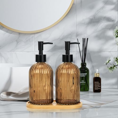 Glass Soap Dispenser Set with Wood Tray, Glass Soap Dispenser with Plastic Pump, Hand and Dish Set for Bathroom Decor (Amber)