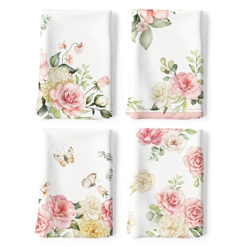 4Pcs Watercolor Flower Kitchen Tea Towels 100% Cotton Pink Floral Butterfly Hand Towels Multiple Uses Quick Dry Dish Cloth for Table, Kitchen Decor, Housewarming Gifts | 18.9 x 27.5 in / 48 x 70 cm, Lightweight Woven Dish Cloth with Pink Flowers Print for
