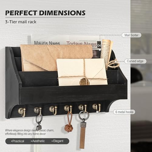 Rebee Vision Mail Organizer Wall Mounted with 6 Key Hooks, Black | Pine Wood, Key Holder Wall Mount, Hanging Mail Holder for Wall, 3-Tier Letter Slots, key Hanger, Apartment Rustic Aesthetic - color: Black