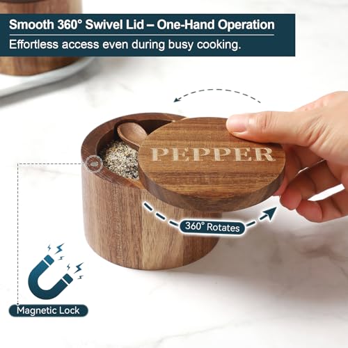 PEPPER Cellar, Acacia Wood Salt Container with Built-in Spoon & Swivel Lid, Engraved PEPPER Box, Salt Holder Bowl for Countertop Seasoning Storage - color: Acacia Wood PEPPER Cellar