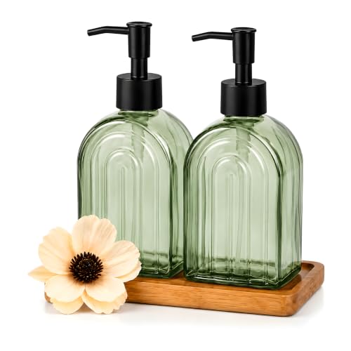 2 Pack Arch Glass Soap Dispenser with Acacia Wood Tray, 11oz Green Rainbow Decorative Hand Soap Dispenser with Rustproof Pump, Refillable Liquid Dispenser for Bathroom, Kitchen, Countertop - color: Green