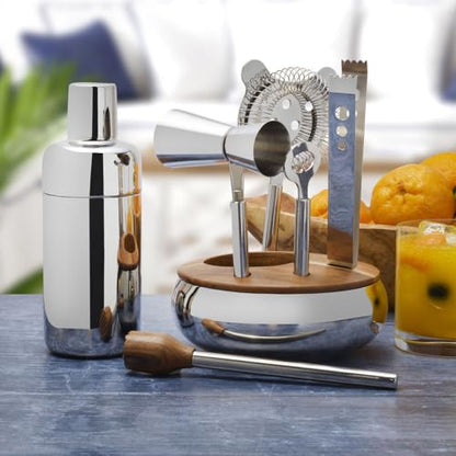 Mikasa 8-Piece Bar Tool Set with Stand - Polished Stainless Steel Cocktail Shaker, Muddler, Strainer, Jigger, Ice Tongs, Cap Lifter and Acacia Wood Organizer